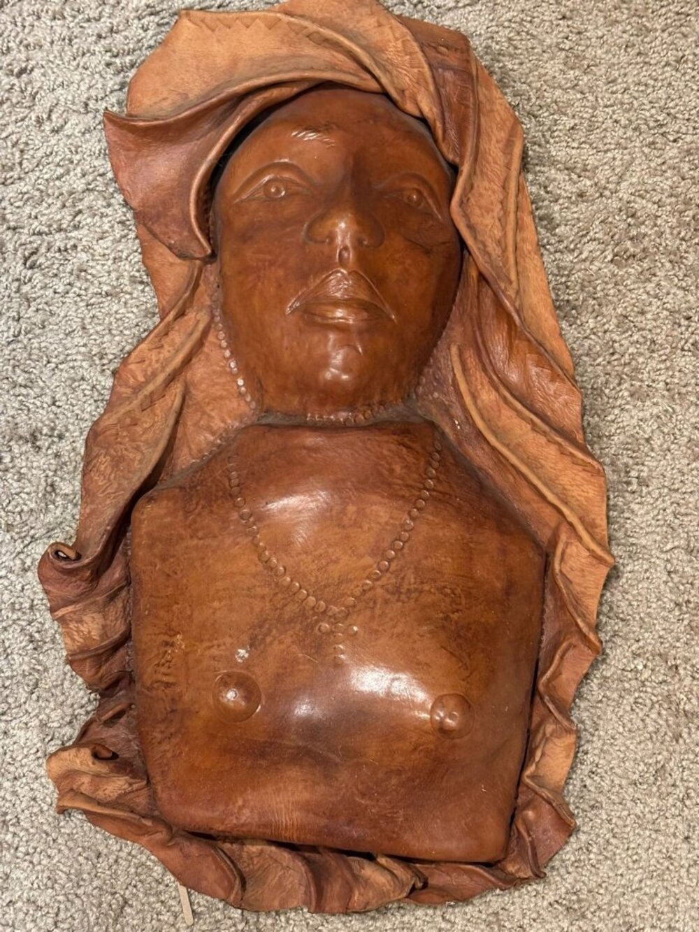1970s African 3D Leather Hand Crafted Female Bust 19 Inch